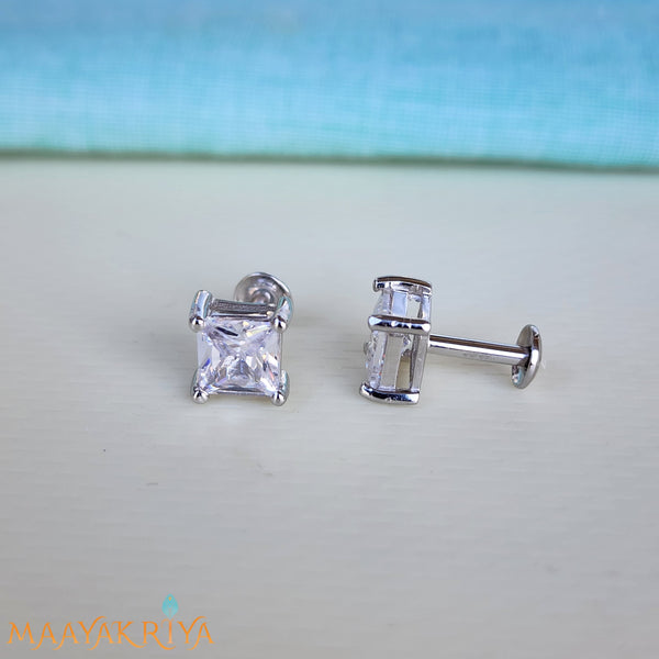Square Stoned Silver Earrings Size 2