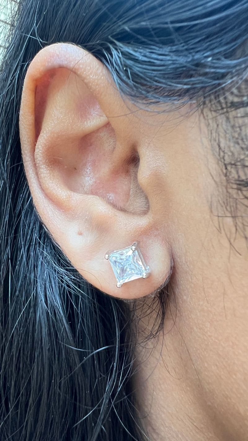 Square Stoned Silver Earrings Size 1