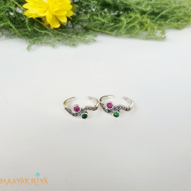 Pink & Green Stone Zigzag Marcasite Toerings