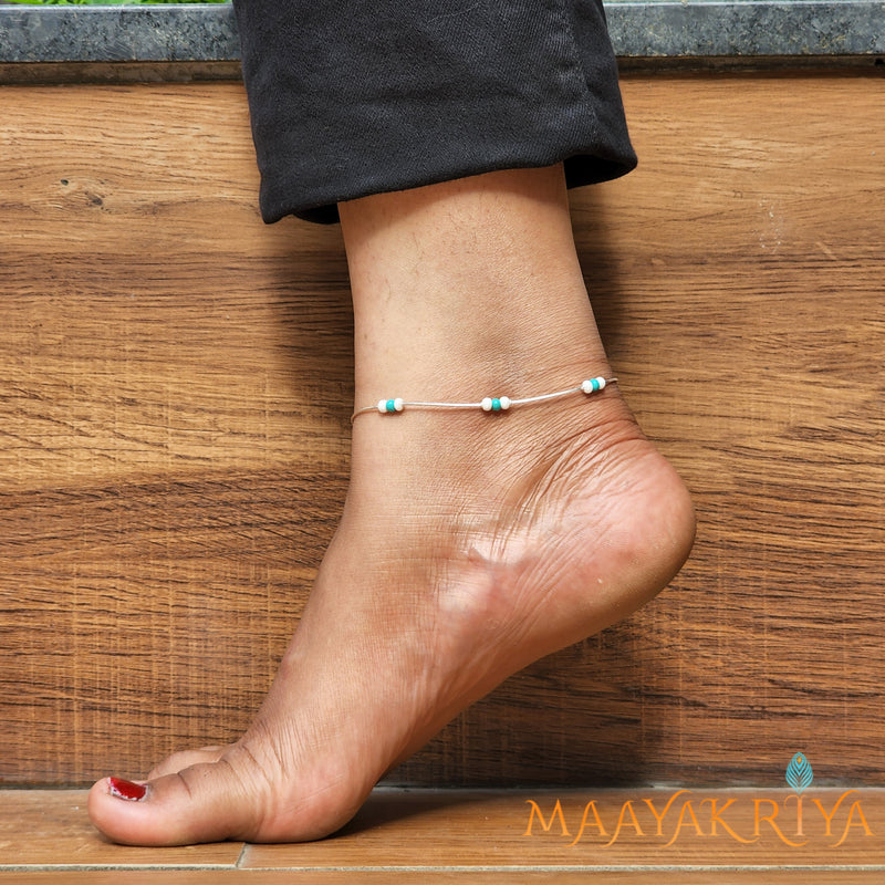 White and Azure Bead Silver Anklet