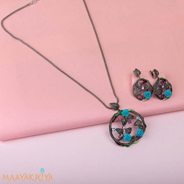 Rosy Blue Marcasite Pendant Set